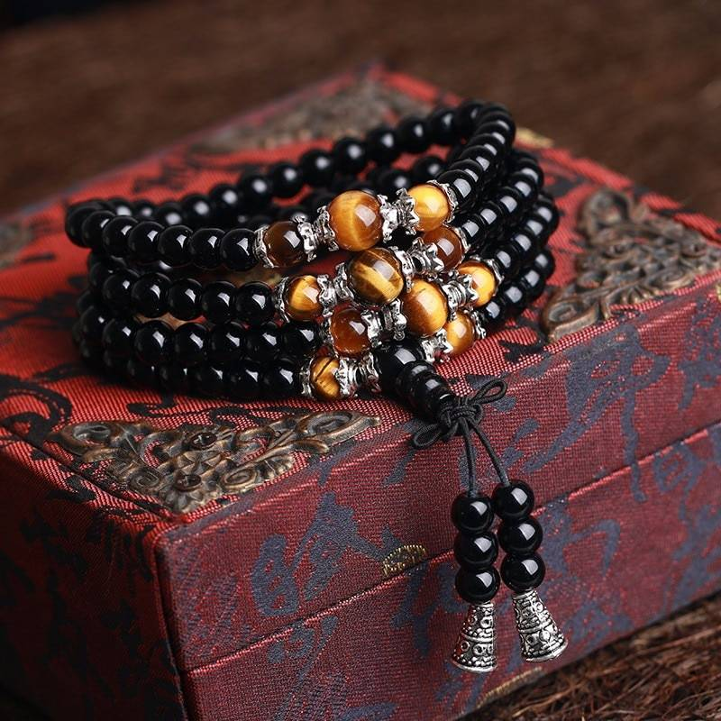 108 Onyx avec œil de tigre Bracelet Onyx noir pierre tibétaine argent bouddha Bracelet pour femmes hommes bijoux faits à la main accessoires