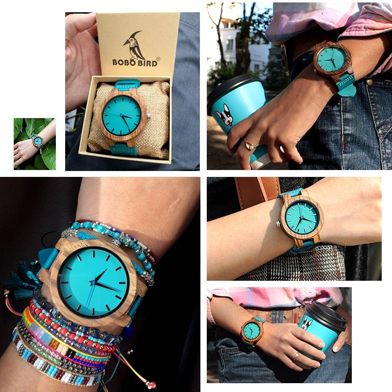BOBO oiseau femmes montres zèbre en bois montres bleu Turquoise hommes montre amoureux grands cadeaux Relogio Masculino livraison directe