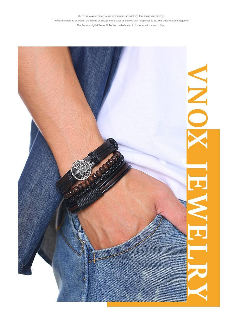 Vnox 4 Pièces/ensemble Écharpe Tressée Bracelets En Cuir Pour hommes Vintage Vie Arbre Gouvernail Charme Perles En Bois Ethnique Tribal Bracelets