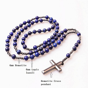 Collier Chapelet : Pierre Lapis Lazuli Croix Christ Hématite Bijoux Religieux Catholique