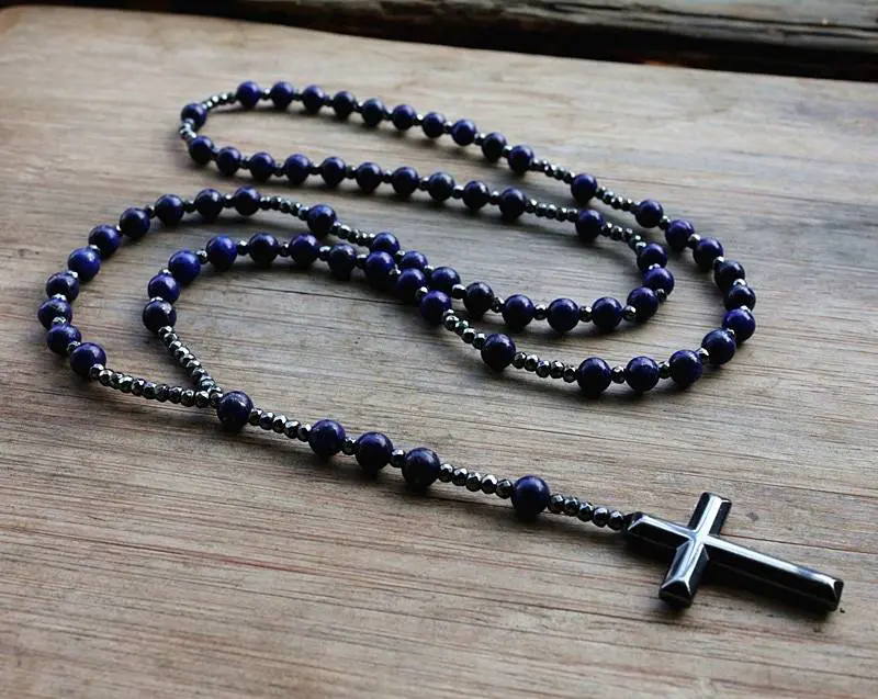 Collier Chapelet : Pierre Lapis Lazuli Croix Christ Hématite Bijoux Religieux Catholique