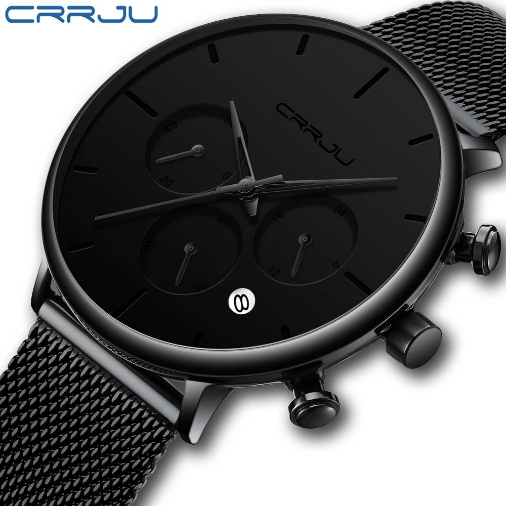 Relogio Masculino CRRJU hommes d'affaires montres de luxe décontracté étanche Sport montre hommes 3-sous cadran Quartz mince maille montre
