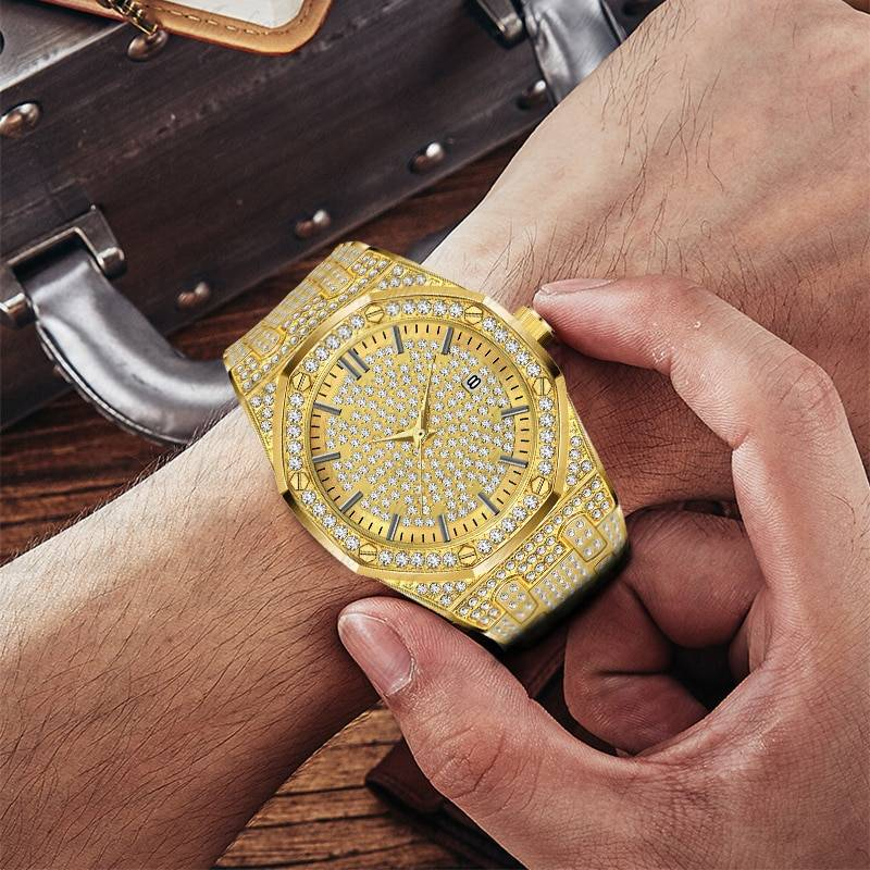 18K or montre hommes marque de luxe diamant hommes montres haut de gamme luxe FF glacé mâle montre à Quartz calendrier cadeau Unique pour les hommes