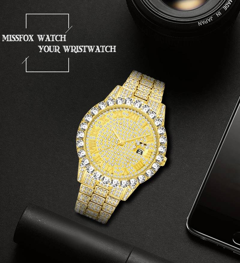 MISSFOX montre pour hommes 2020 meilleure vente de luxe marque or hommes mode montres hommes grand diamant Bracelet de luxe montre hommes boîte-cadeau