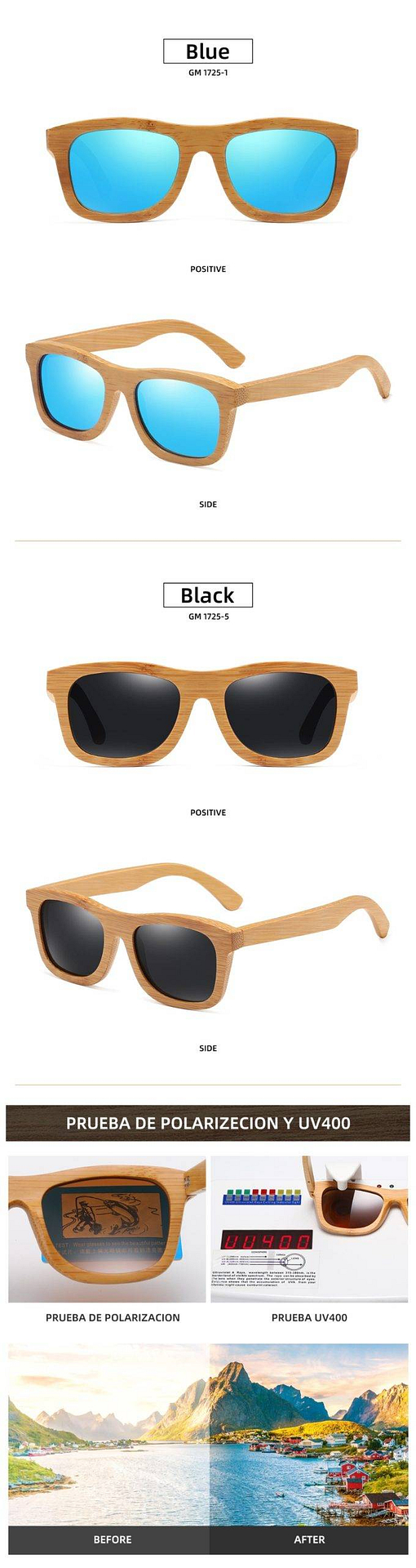 GM lunettes de soleil en bois naturel fait à la main miroir polarisé mode lunettes de bambou lunettes de sport S1725