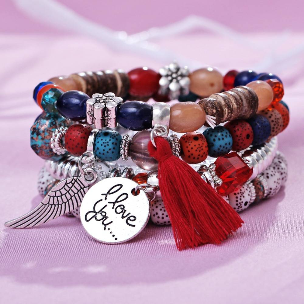 3-4 pièces/ensemble mode Boho Bracelets et Bracelets femmes pierre perlée Bracelet ensemble avec gemme colorée longue enveloppe Bracelet pour les femmes