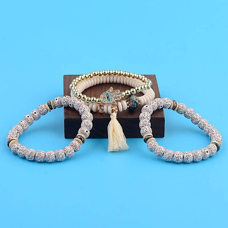 OIQUEI Vintage 4 pièces/lot Femmes Bracelets ensemble bohême breloque CZ main pierre naturelle perles gland pendentif Bracelets Pour Les Femmes