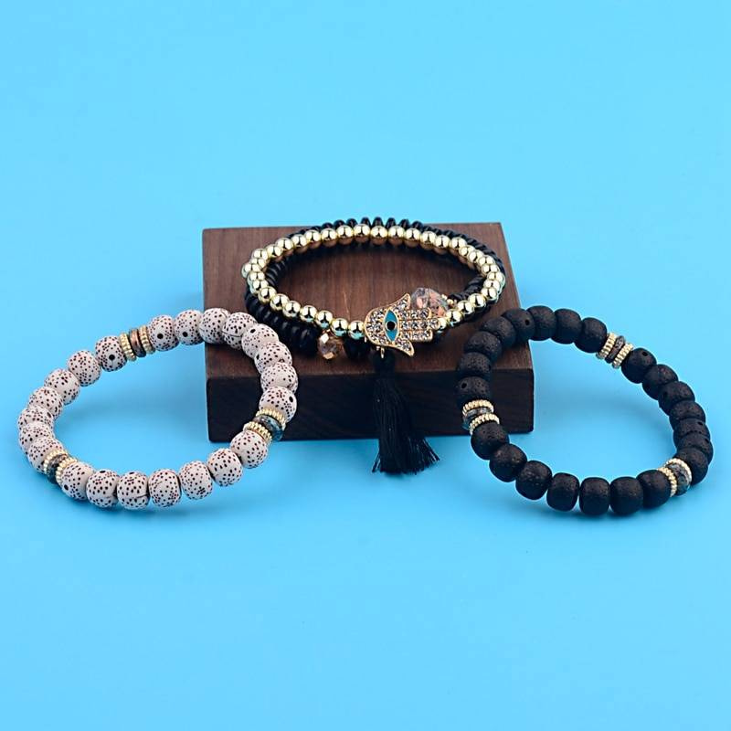 OIQUEI Vintage 4 pièces/lot Femmes Bracelets ensemble bohême breloque CZ main pierre naturelle perles gland pendentif Bracelets Pour Les Femmes