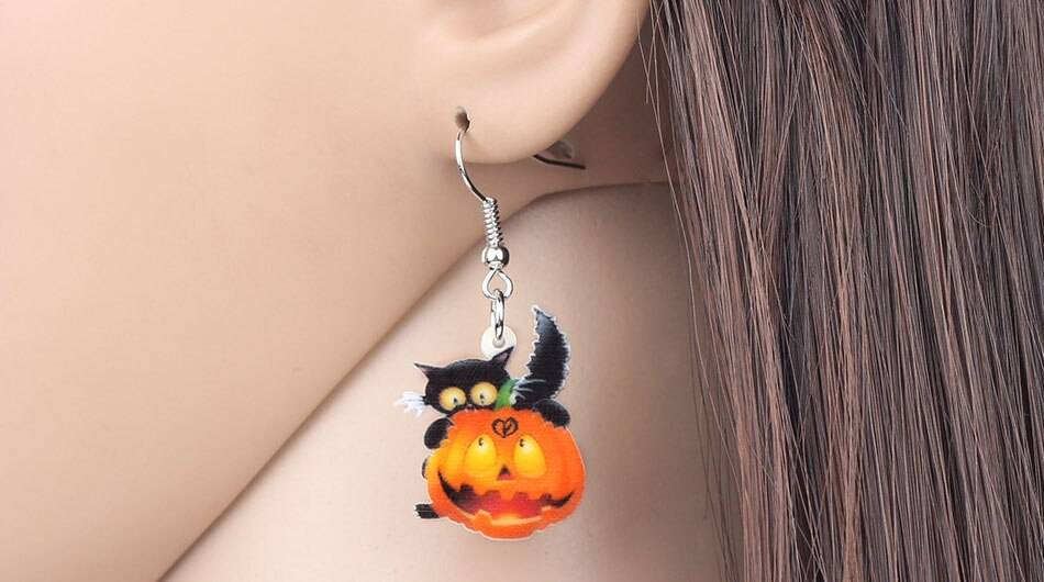 Bonsny acrylique Halloween chat noir chaton citrouille boucle d'oreille balancent goutte Festival bijoux pour filles femmes adolescent breloques cadeau offre spéciale