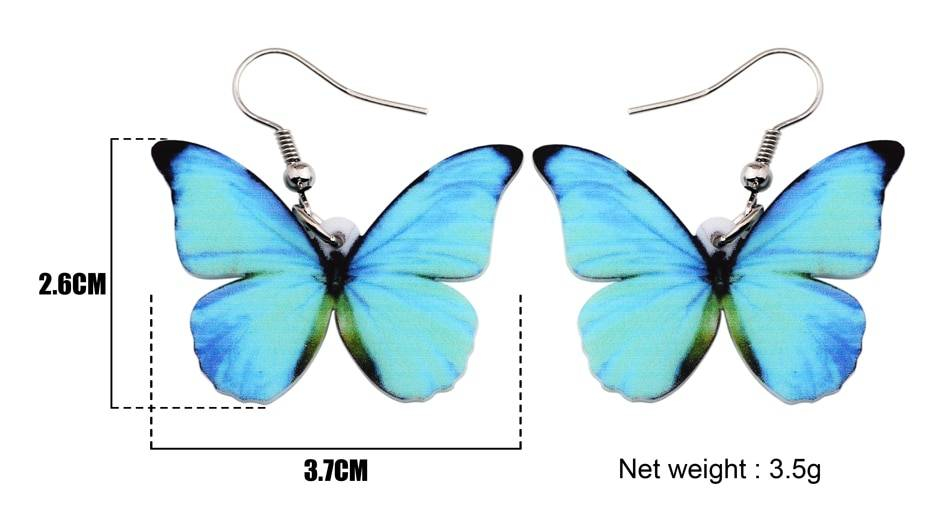 Bonsny acrylique modèle Morpho Menelaus papillon boucles d'oreilles goutte pendaison grand nouveauté insecte bijoux pour femmes filles ados cadeaux nouveau