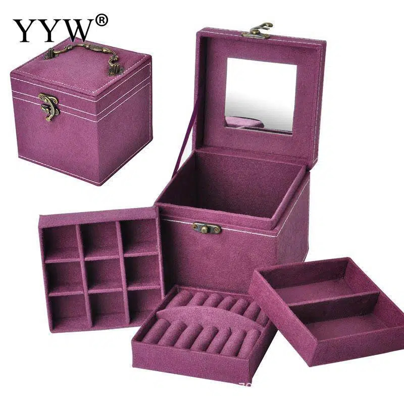 12x12x12cm Vintage velours trois niveaux boîte à bijoux Multideck étuis de rangement avec miroir en bois de haute qualité cadeau d'anniversaire de mariage