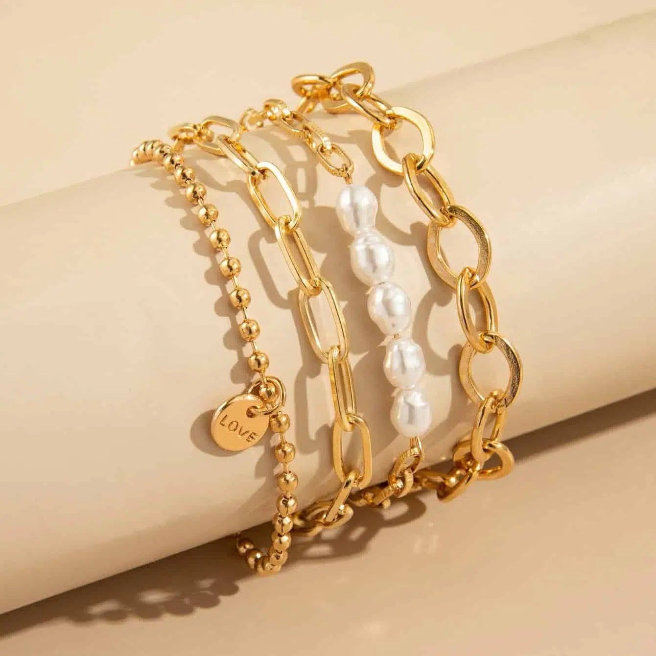 Bracelet Breloque Perles Médaille Or Femmes