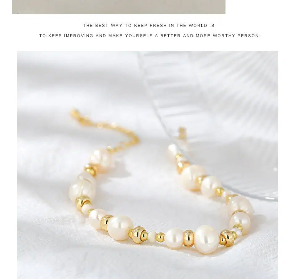 Bracelet Perles Naturelles Femmes - Bijou Breloque Tendance Plaqué Or