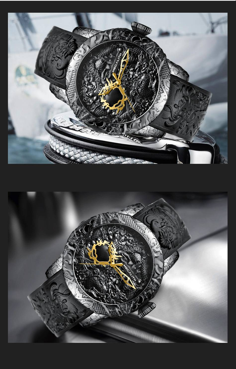 Mégalith mode or Dragon Sculpture montre hommes montre à Quartz étanche grand cadran Sport montres hommes montre haut de gamme marque horloge