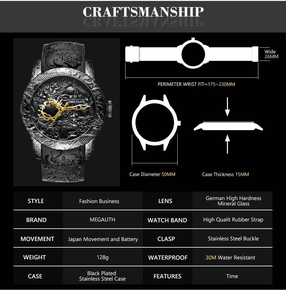 Mégalith mode or Dragon Sculpture montre hommes montre à Quartz étanche grand cadran Sport montres hommes montre haut de gamme marque horloge