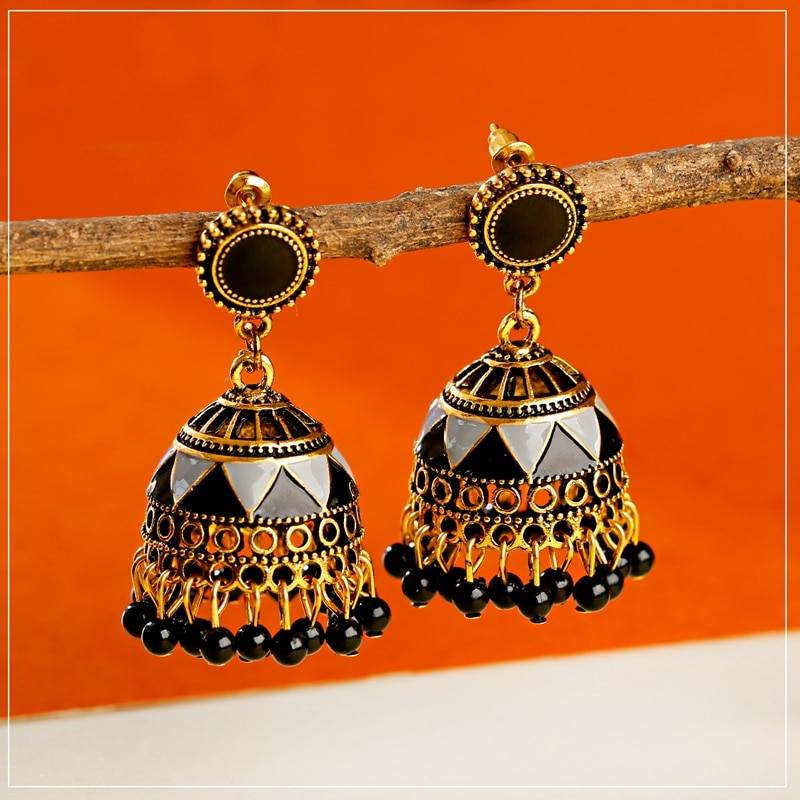 Jhumka boucles d'oreilles indienne perles noire pendantes sur cloche