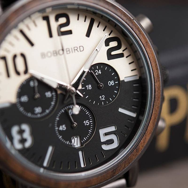 BOBO BIRD - montre à quartz inox pour hommes, montre en acier inoxydable couleur bois, montres masculines résistantes à l'eau, montres à quartz chronographes, cadeaux pour hommes