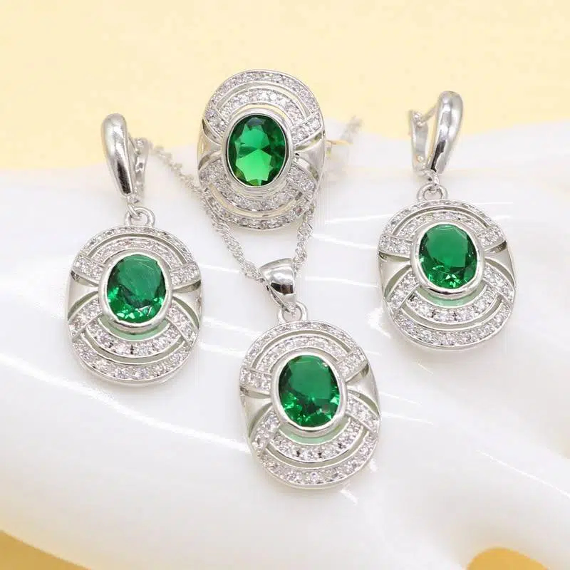 Ensemble de bijoux de mode vert pour les femmes anneau de haute qualité belle Baguette ronde forme cubique zircone collier pendentif boucle d'oreille