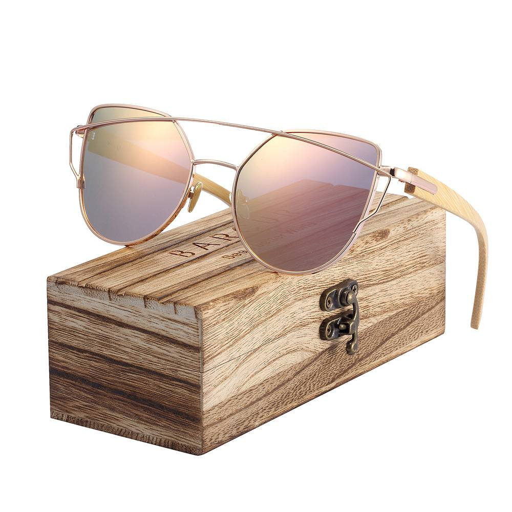 BARCUR bambou oeil de chat lunettes de soleil polarisées en métal cadre bois lunettes dame luxe mode soleil nuances avec boîte gratuite