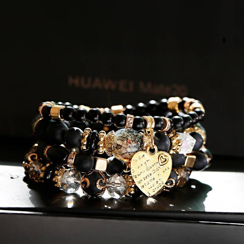 OIQUEI 4 pièces/lot Bracelets & Bracelets pour femmes Boho Vintage pendentif coeur en or perles de pierre naturelle Bracelets d'enveloppement pulseira feminina