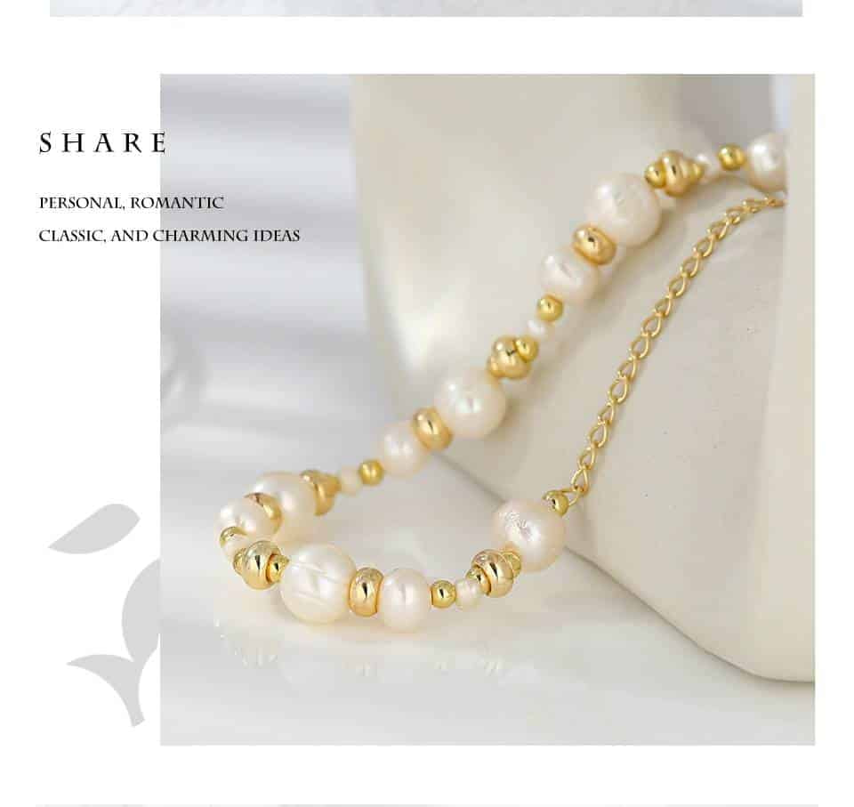 Bracelet Perles Naturelles Femmes - Bijou Breloque Tendance Plaqué Or