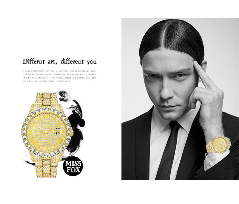 MISSFOX montre pour hommes 2020 meilleure vente de luxe marque or hommes mode montres hommes grand diamant Bracelet de luxe montre hommes boîte-cadeau