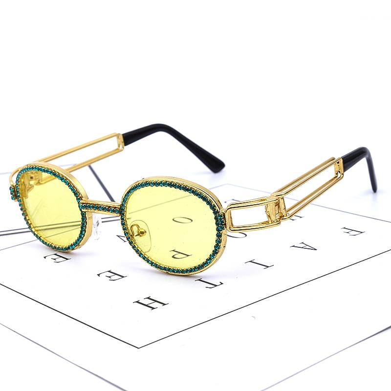 Coloré petit rond strass lunettes de soleil femmes Steampunk diamant lunettes de soleil classique lunettes hommes clair lentille Vintage nuances