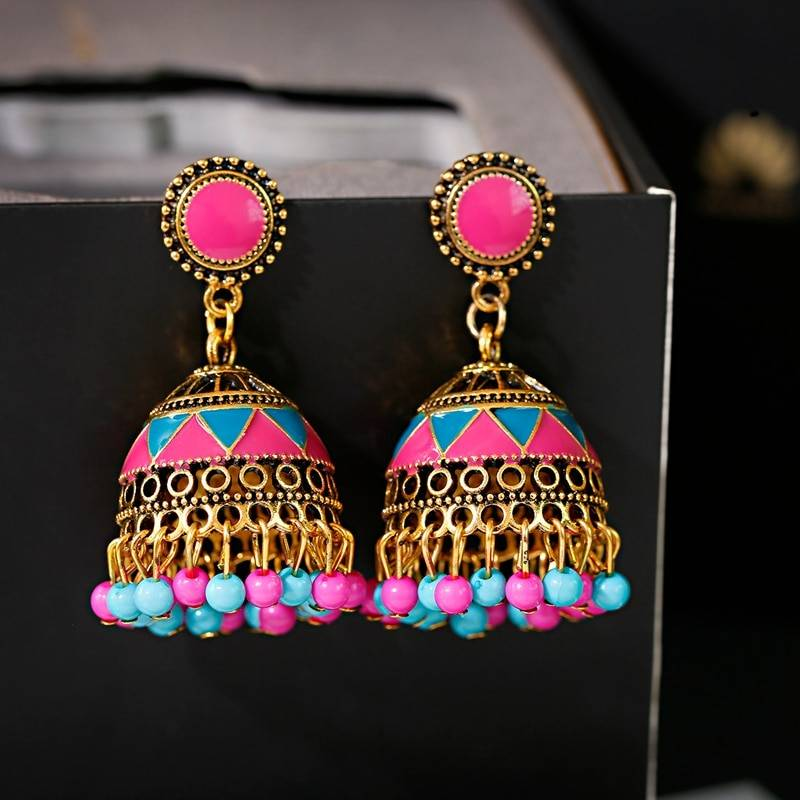 Jhumka boucles d'oreilles bollyowd indienne perles noire pendantes sur cloche 