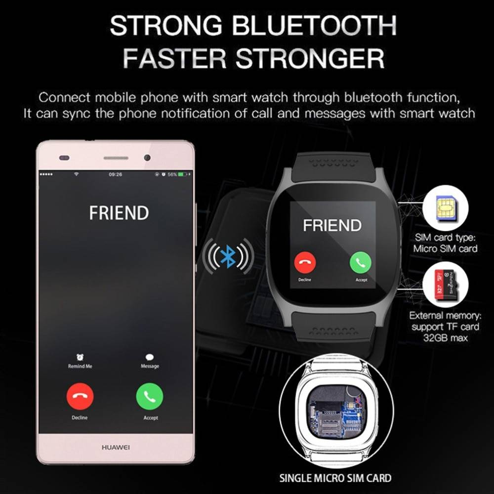 T8 Bluetooth montre intelligente avec Support de caméra SIM TF carte podomètre hommes femmes appel Sport Smartwatch pour téléphone Android PK Q18 DZ09