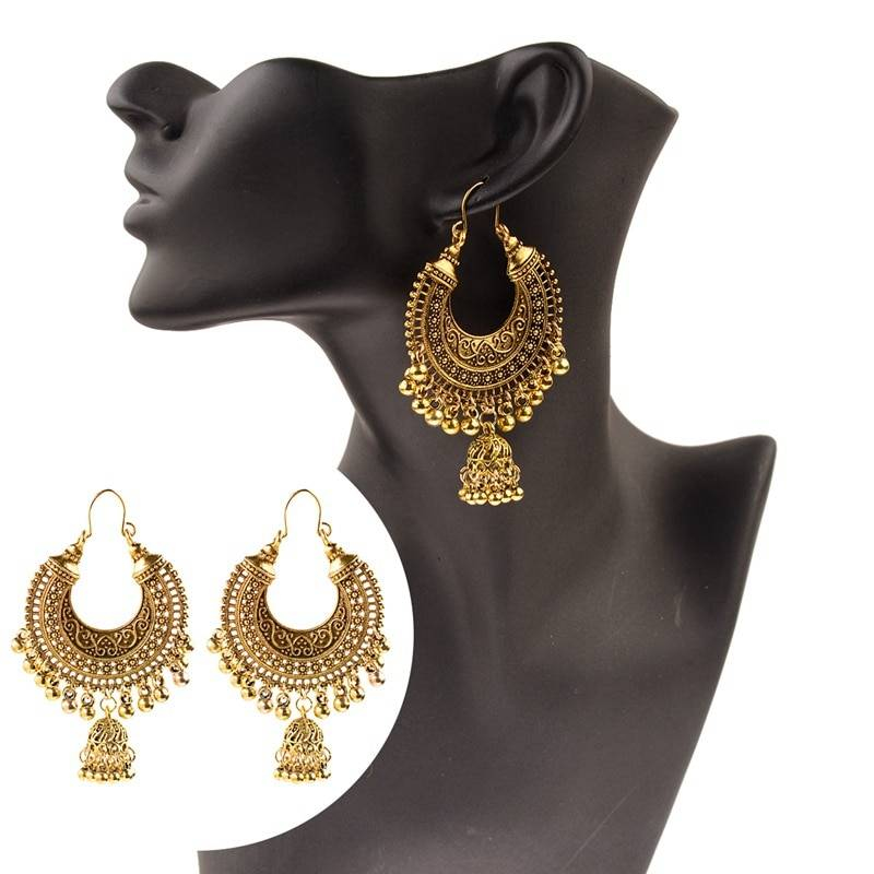 Vintage ethnique gitane indien boucles d'oreilles pour femmes Boho bijoux dames rétro ronde cloche gland creux gland Jhumka boucles d'oreilles 2019