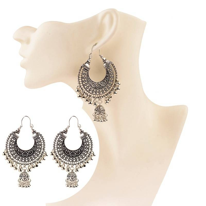 Vintage ethnique gitane indien boucles d'oreilles pour femmes Boho bijoux dames rétro ronde cloche gland creux gland Jhumka boucles d'oreilles 2019