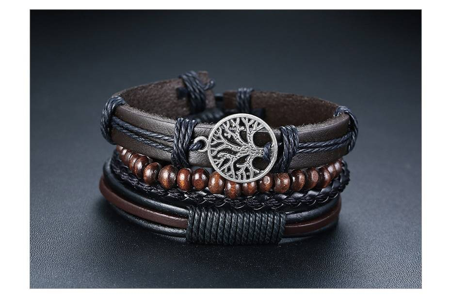 Vnox 4 Pièces/ensemble Écharpe Tressée Bracelets En Cuir Pour hommes Vintage Vie Arbre Gouvernail Charme Perles En Bois Ethnique Tribal Bracelets
