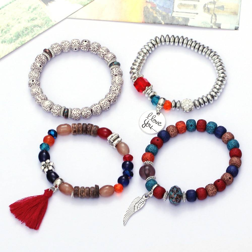 3-4 pièces/ensemble mode Boho Bracelets et Bracelets femmes pierre perlée Bracelet ensemble avec gemme colorée longue enveloppe Bracelet pour les femmes