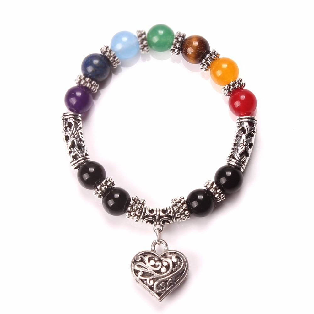 Nouveaux Bracelets DIEZI 7 Chakra pour hommes et femmes, couleurs de Bracelets, cristaux de guérison mélangés, pierre Chakra priez Mala, Bracelet à breloques en cœur, bijoux