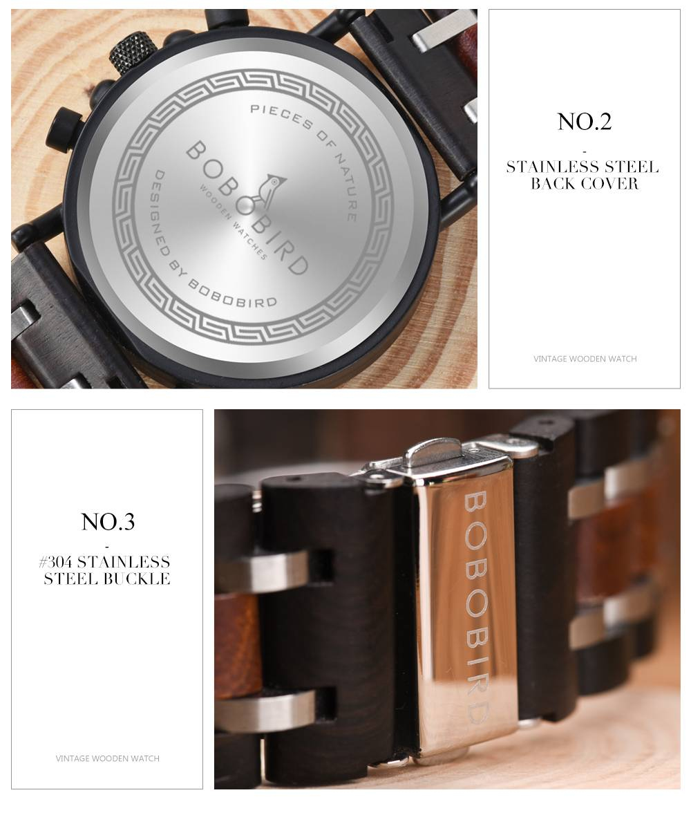 BOBO BIRD - montre militaire boisée pour hommes, montres couleur bois masculines, montres militaires chronographes stylisées Deluxe et de marque dans une boîte en bois