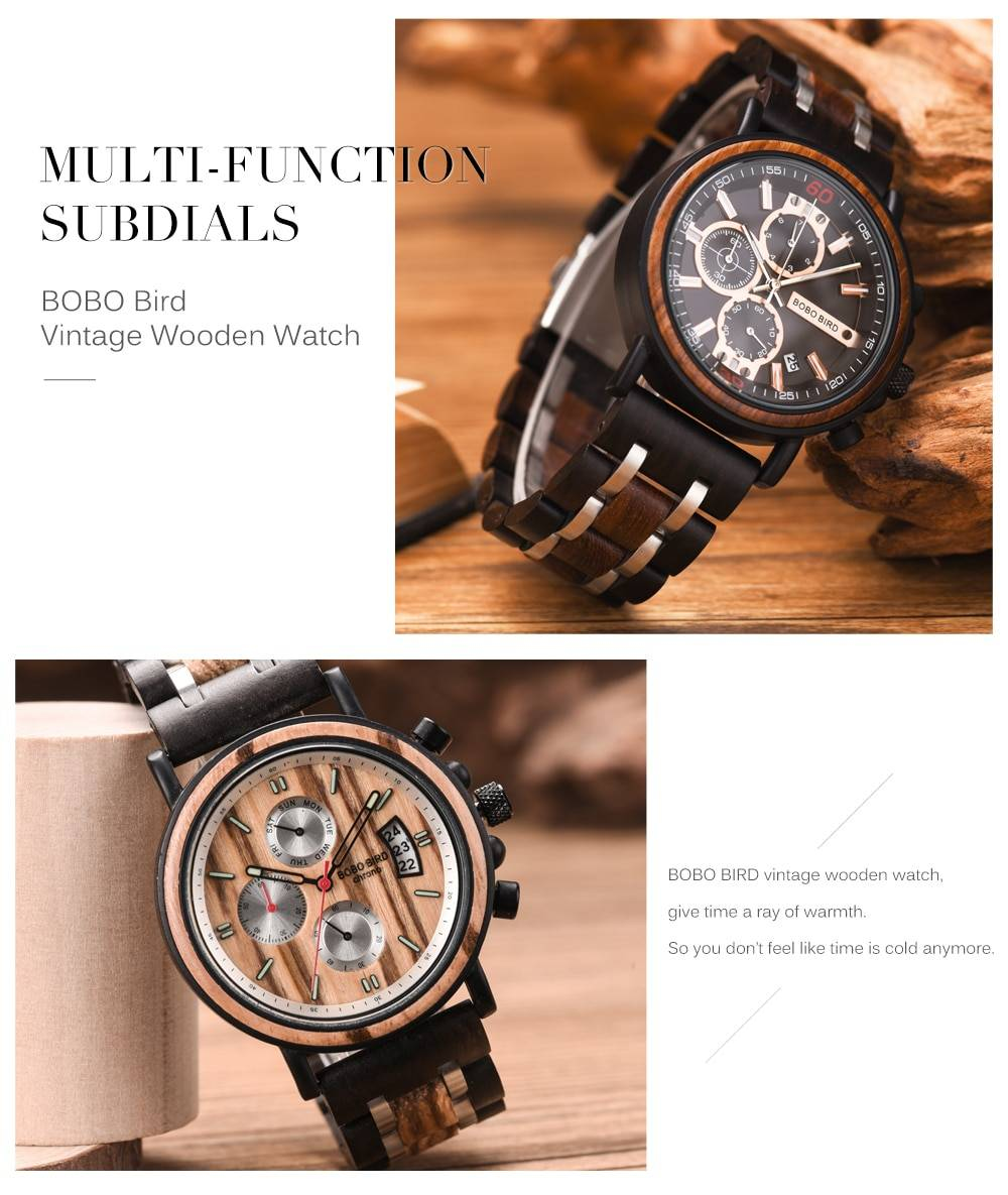 BOBO BIRD - montre militaire boisée pour hommes, montres couleur bois masculines, montres militaires chronographes stylisées Deluxe et de marque dans une boîte en bois