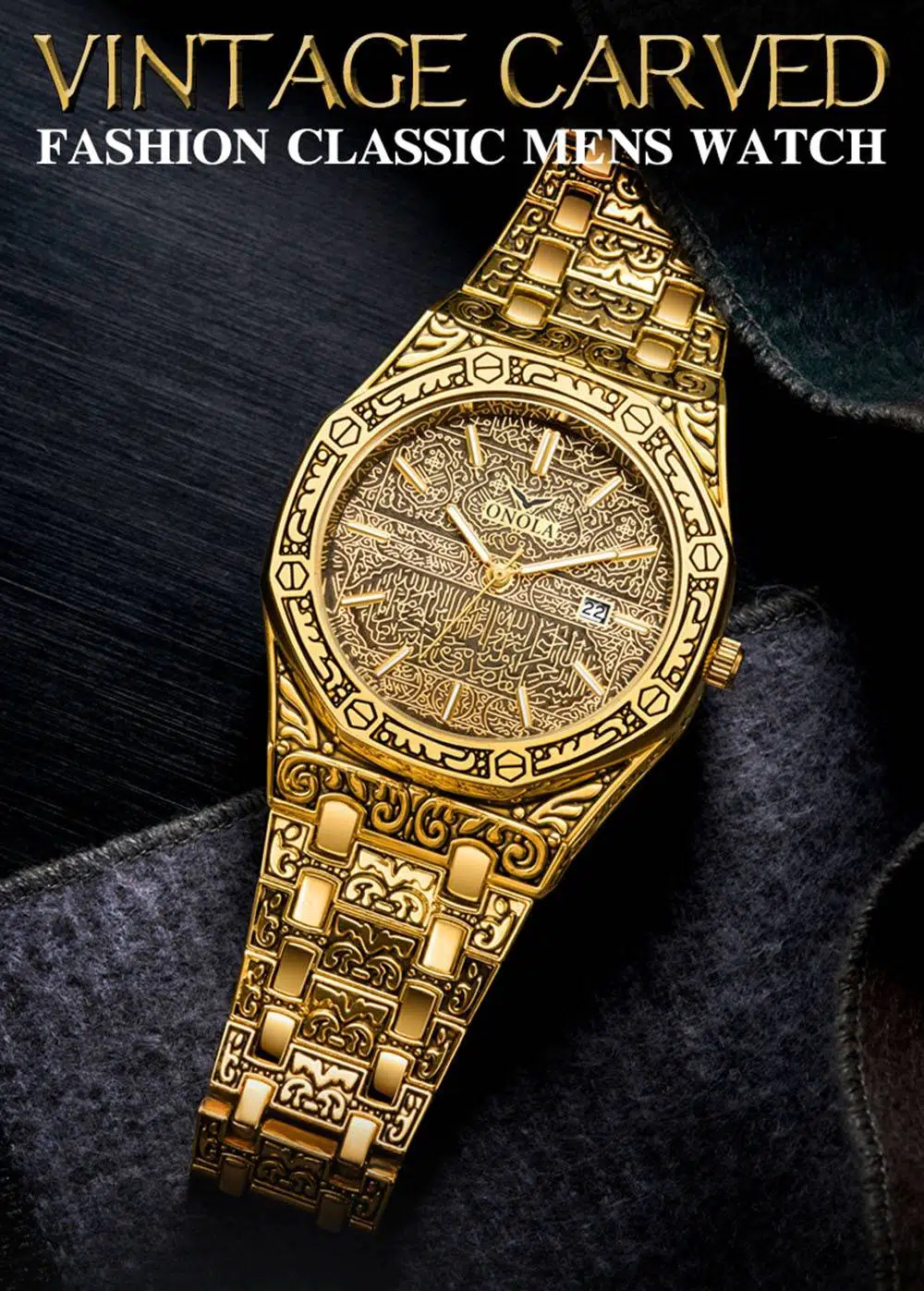 ONOLA vintage sculpté montre homme étanche Original bracelet en acier montre-bracelet mode classique concepteur de luxe marque doré hommes montre