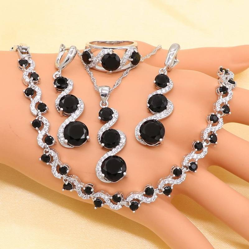 XUTAAYI 925 ensembles de bijoux de mariage en argent pour les femmes en forme de fleur noir Zircon Bracelet boucles d'oreilles collier pendentif bague cadeau boîte
