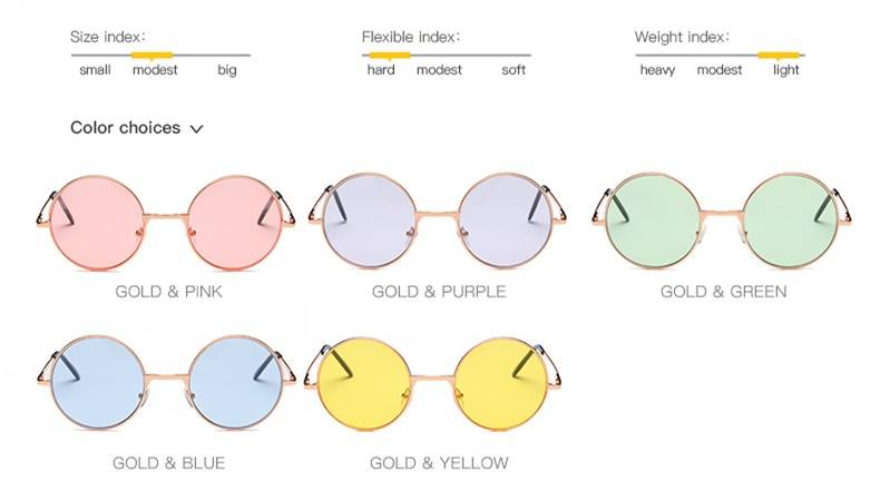 Lunettes de Soleil Verres Rond : 5 modèles de couleur, rose, pourpre, vert, bleu, jaune