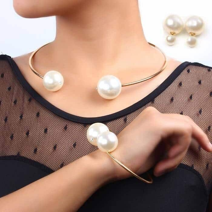 VIVILADY mode bijoux ensembles énorme Imitation perle strass collier bracelet boucles d'oreilles anneaux déclaration femmes Vogue cadeaux de mariage