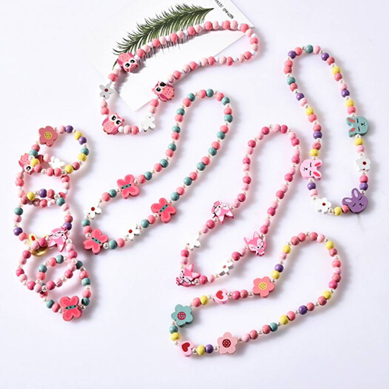 Collier Long collier en bois coloré enfants, hibou hibou, fille, Bracelet en bois coloré, perle papillon pour enfants
