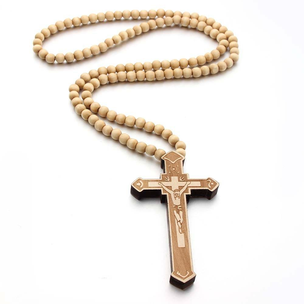 Nouveau garçon grand bois catholique jésus croix avec perle en bois sculpté chapelet pendentif Long Collier déclaration Collier hommes bijoux