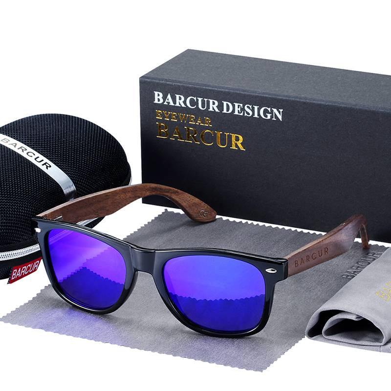 BARCUR noir noyer lunettes de soleil bois lunettes de soleil polarisées hommes lunettes hommes UV400 lunettes de protection en bois boîte d'origine