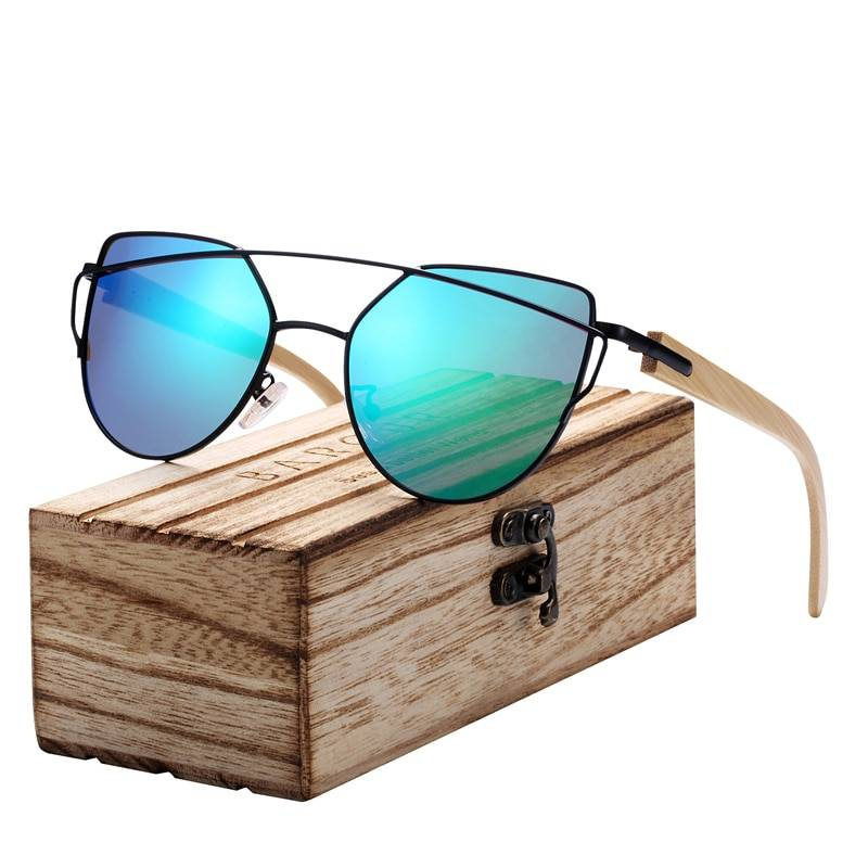 BARCUR bambou oeil de chat lunettes de soleil polarisées en métal cadre bois lunettes dame luxe mode soleil nuances avec boîte gratuite