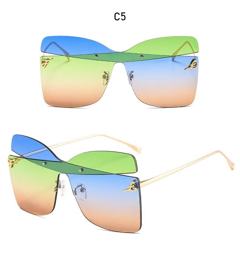 Luxe surdimensionné lunettes de soleil femmes Unique marque sans monture Design carré métal femme hommes lunettes de soleil spécial papillon forme UV400