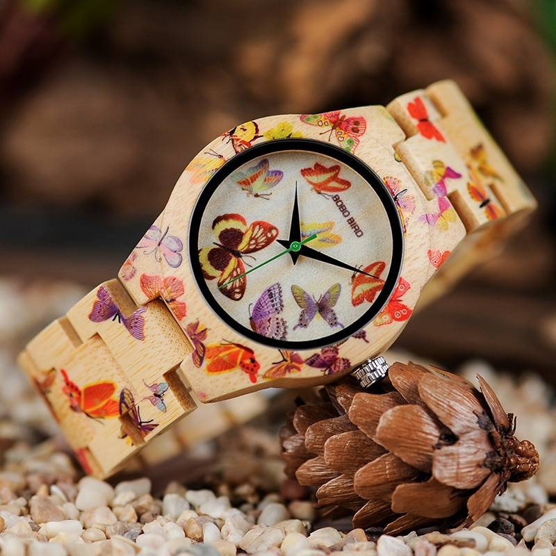 BOBO oiseau dames bois montre femmes montre femme bambou bande peinture papillon Quartz montres en bois boîte cadeau OEM W-O20