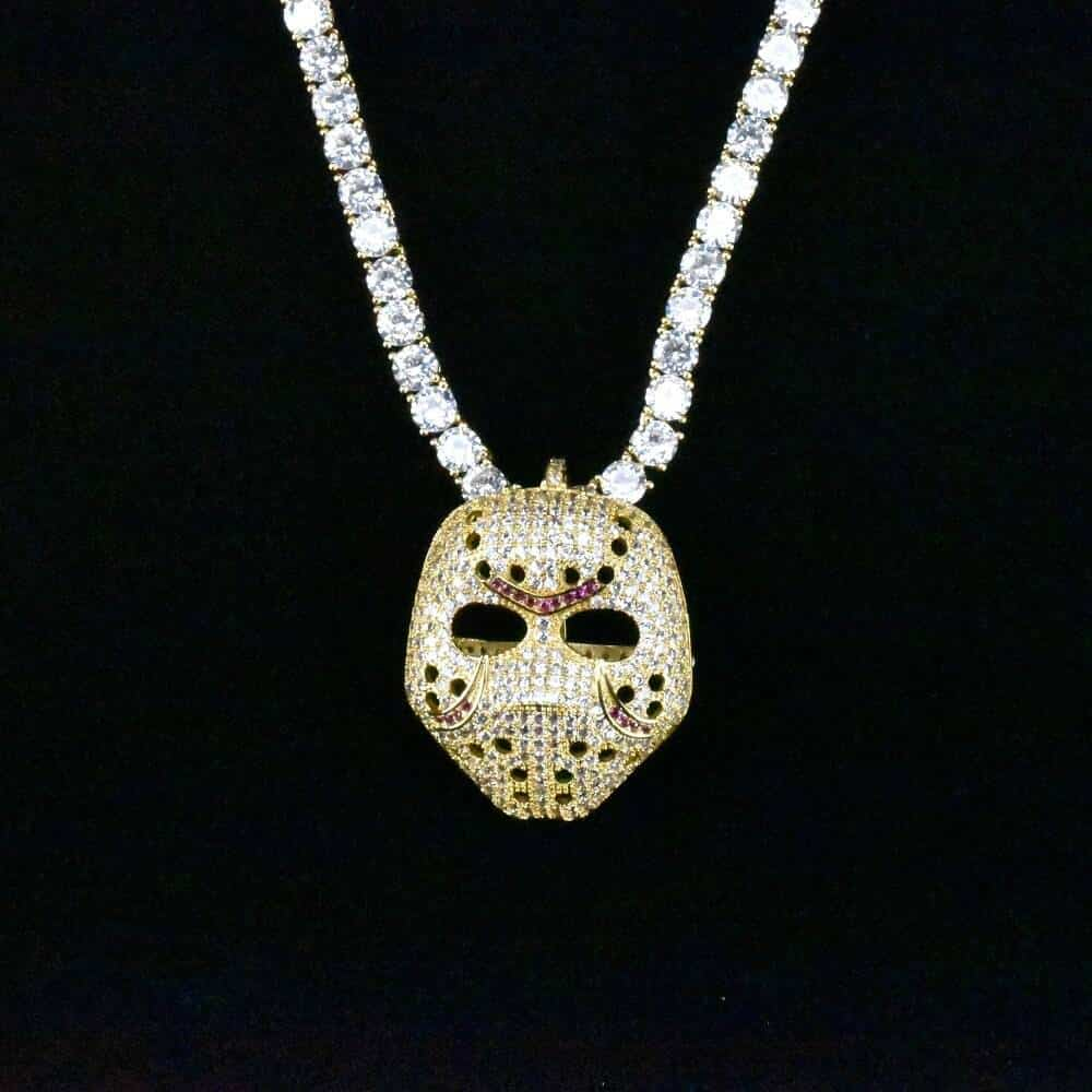 Hommes Hockey Jason masque collier & pendentif glacé zircone tour de cou argent or couleur chaîne Hip Hop bijoux breloque collier cadeau