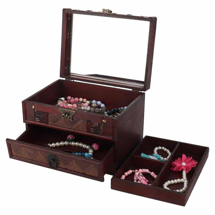 Multi-couche bijoux boîte de rangement anti-poussière en bois collier boucles d'oreilles stockage conteneur boîte porte-bijoux organisateur de décoration