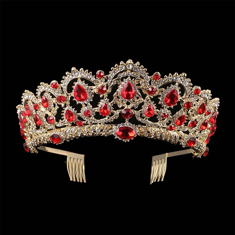 KMVEXO européen goutte vert rouge cristal diadèmes Vintage or strass Pageant couronnes avec peigne Baroque mariage cheveux accessoires